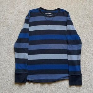 Y2K Striped Graphic Thermal Shirt Tritone Navy Blue Grunge Skater Indie Knit XXL